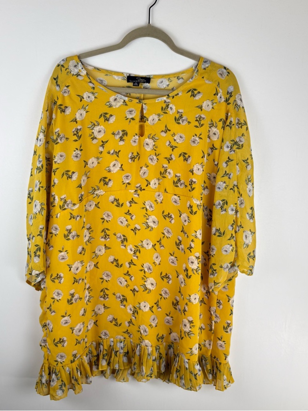 Suzanne Betro Womens 1X Blouse 3/4 Sleeve Sheer Lined Floral Yellow Top